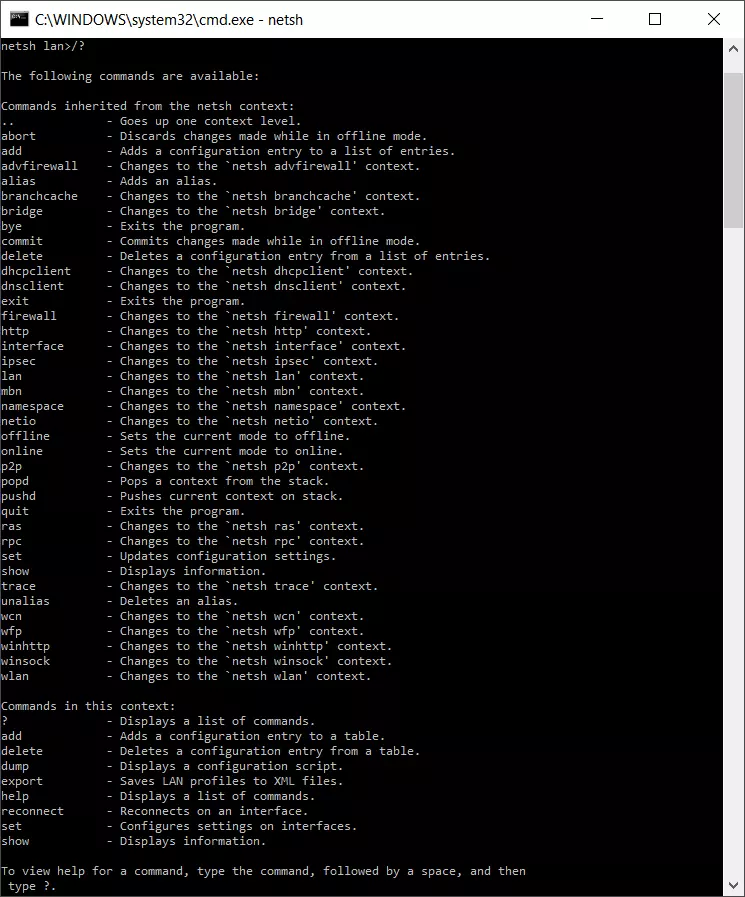 Image: Commands in the “LAN” Netsh context
