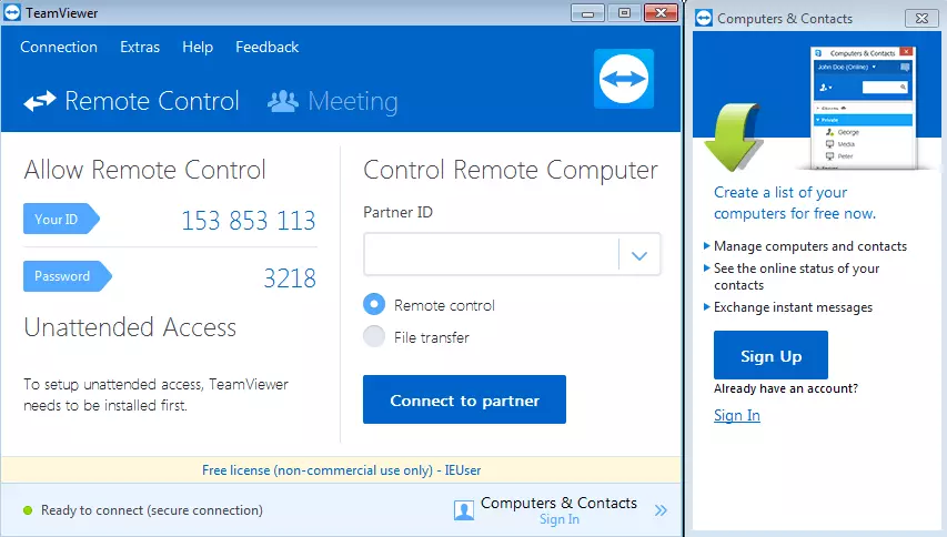 Image: TeamViewer window for setting up remote control