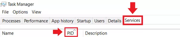 Image: Use the PID in the Task Manager to find out which process is using an open port