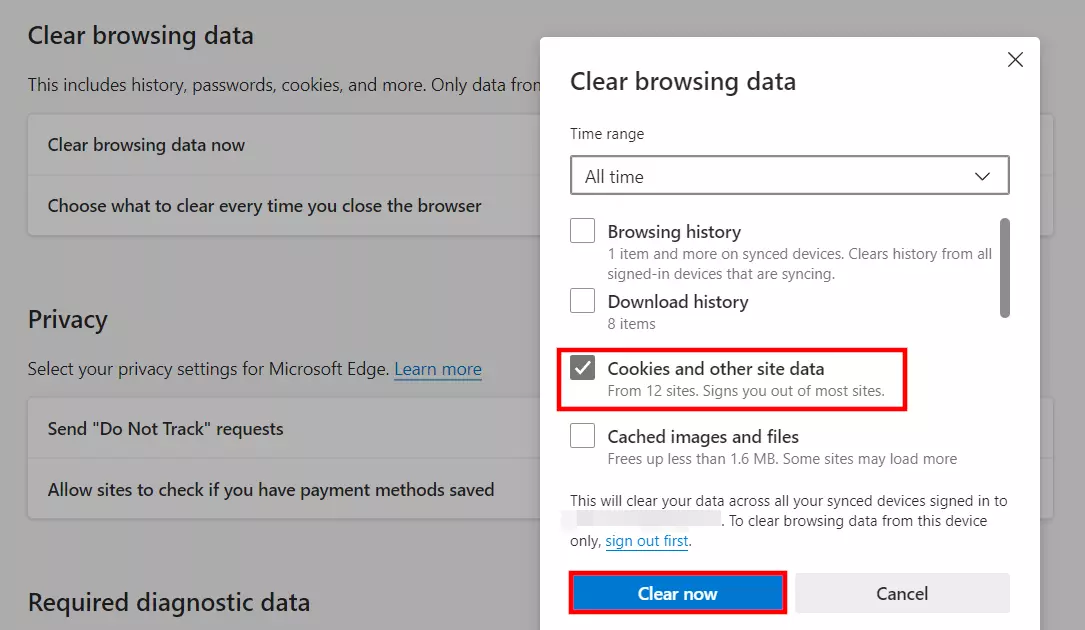 Image: Clearing cookies in Edge