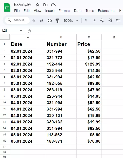 Screenshot of the spreadsheet without empty rows Image: Screenshot of the spreadsheet without empty rows