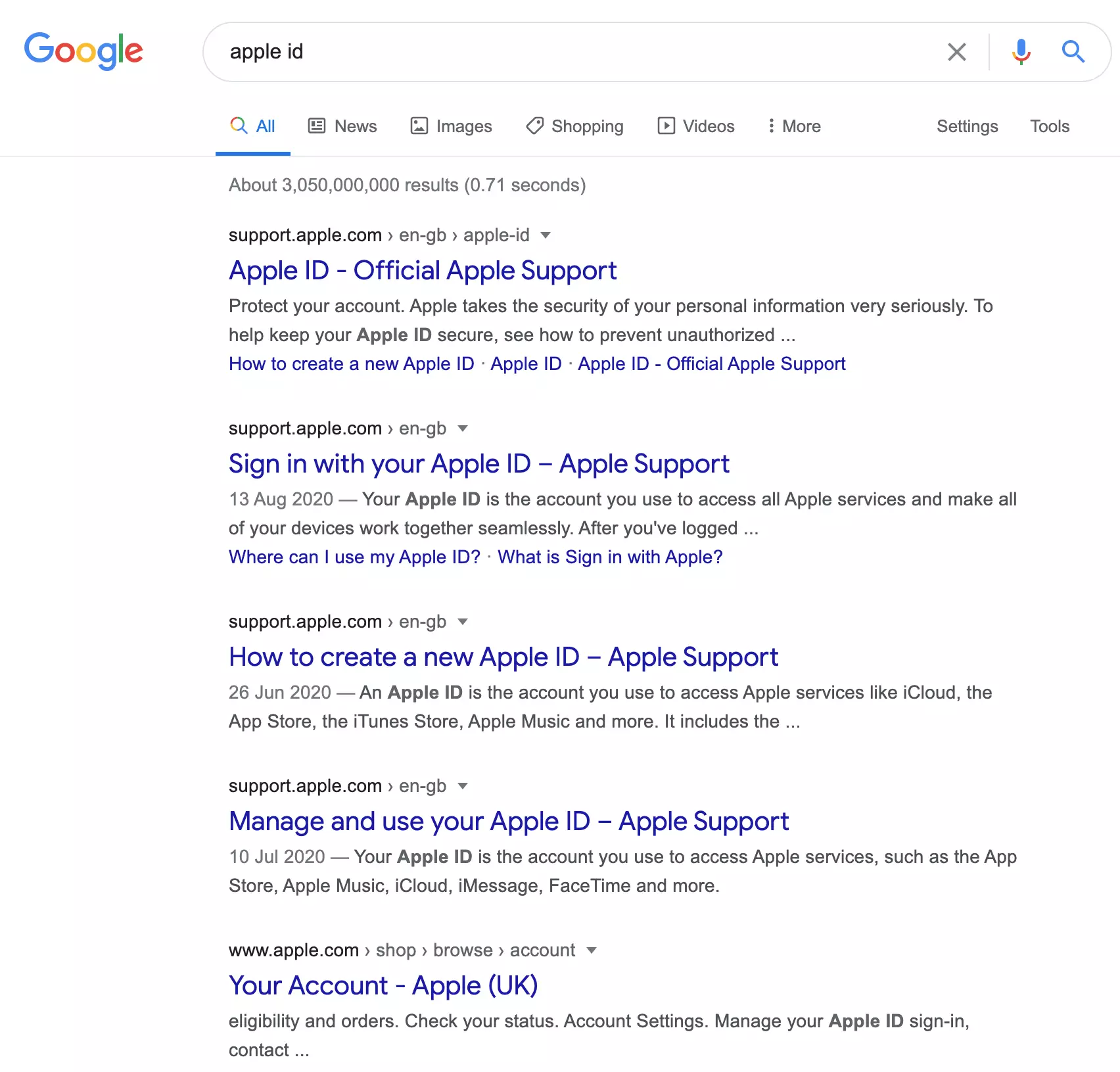 SERP Google search “apple id” Image: SERP Google search “apple id”