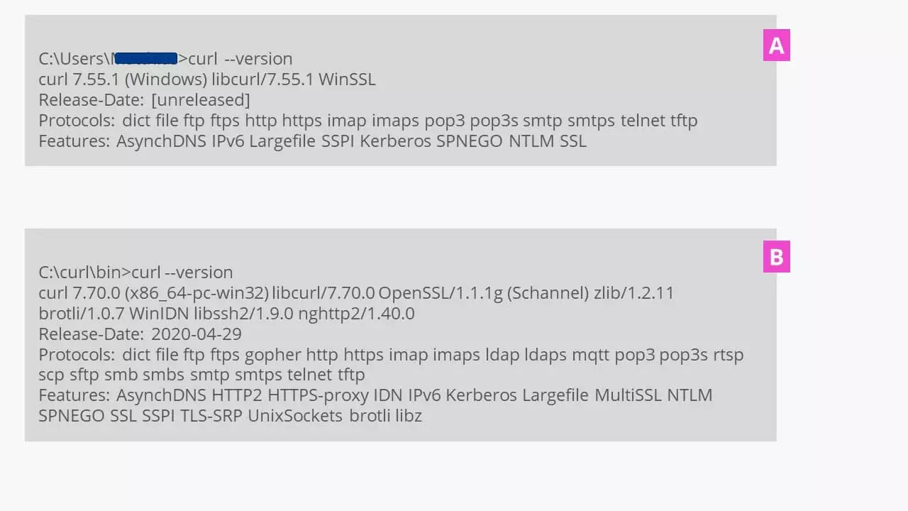 Image: Displaying the cURL version in Windows 10